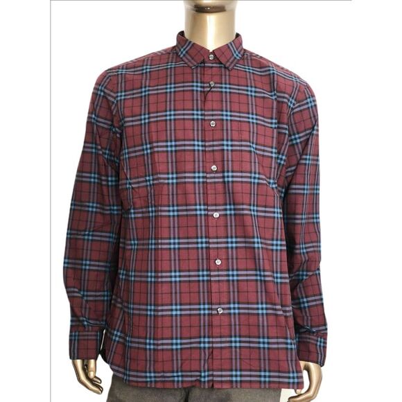 Burberry Alexander Men's Crimson Red/Blue Checked Cotton Shirt (2XL)